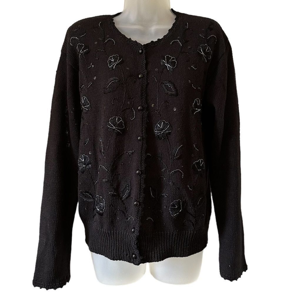 Black Beaded Floral Button Front Casual Formal Grandma Black Cardigan Sweater